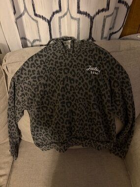 Justice Leopard Print Pullover Hoodie in Gray and Black